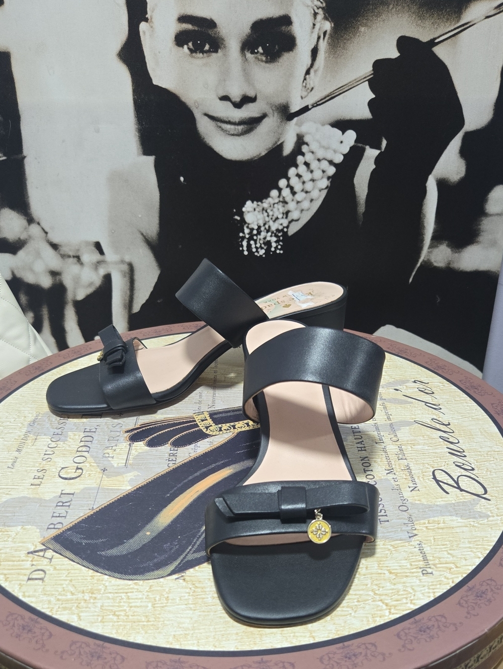 kate spade Black Leather Slide Mules with Gold Charm